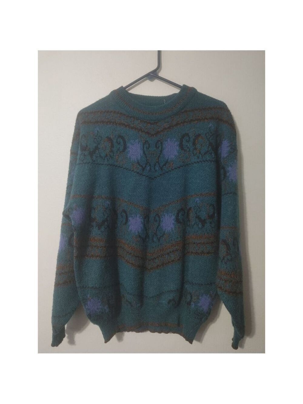 Women's(?) Vintage Adam Sloane Teal Brown Patterned Crew Neck Sweater L